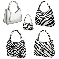 Assortment of zebra print and plain handbag isolated on transparent background