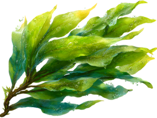 A set of seaweed fronds with long, flowing green blades, isolated on transparent background, PNG file.