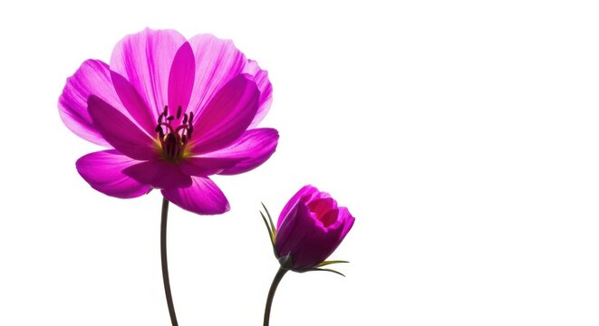 A vibrant purple cosmos flower and bud isolated on white background