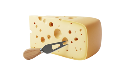 A piece of swiss cheese with holes and a cheese knife isolated on transparent background, perfect for a snack or appetizer, and a source of calcium