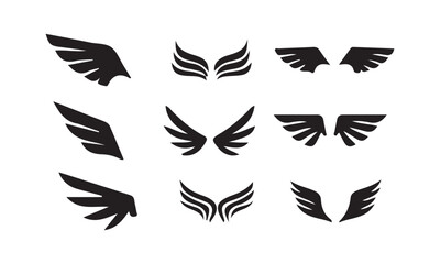 wings icon set. Various artistic wing illustrations. bird. angel. bat. eagle. black wings badge design for emblems. vector illustration eps 10