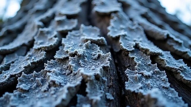 Frosted tree bark texture in winter forest, close up of frozen pine trunk with ice crystals, cold morning nature background with hoarfrost