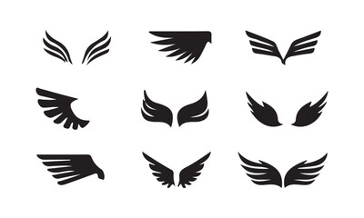 wings icon set. Various artistic wing illustrations. bird. angel. bat. eagle. black wings badge design for emblems. vector illustration eps 10