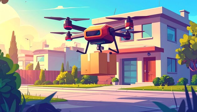 Cartoon drone delivery flying with package in city background, flat design illustration of fast shipping, logistics, and modern courier service concept.