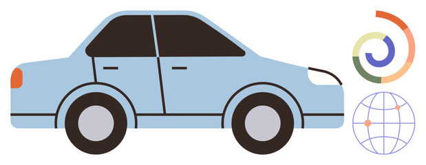 Naklejka premium Blue car alongside a global map and circular chart represents modern travel, navigation, technology, and sustainability. Ideal for mobility, logistics, automotive industry, GPS, innovation