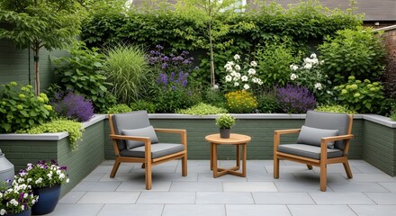 Beautifully landscaped garden with comfortable seating and lush greenery