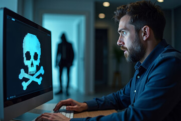 Businessman Reacting in Horror to Ransomware Attack Displayed on Computer Screen