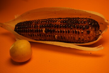 An ear of sweet corn in its husk, showcasing golden kernels wrapped in fresh green leaves, highlighting natural freshness and farm-grown quality