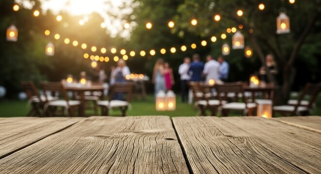 Rustic weathered oak table surface with blurred festive backyard garden party, lifestyle photography for celebration ads and outdoor event branding