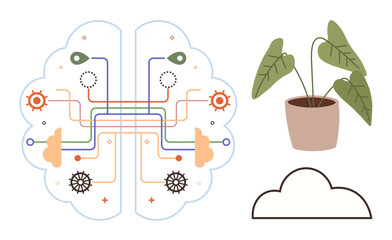 Brain connected with colorful lines, gears, and dots, a potted plant with green leaves, and a cloud outline. Ideal for innovation, creativity, sustainability, technology growth learning