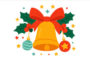 A radiant golden Christmas bell, beautifully embellished with a cheerful red bow, traditional green holly and berries, plus sparkling ornaments, all amidst a warm, glowing festive background, perfe
