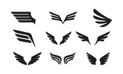 wings icon set. Various artistic wing illustrations. bird. angel. bat. eagle. black wings badge design for emblems. vector illustration eps 10