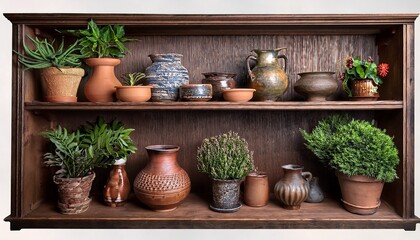 Fototapeta premium vintage bookshelf with plants and pottery