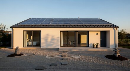 Compact minimalist house with rooftop solar panels, zen garden foreground and sunrise glow, architectural photography for sustainable small living design