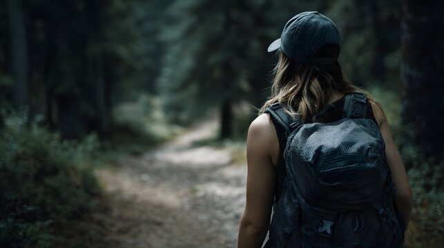A solo backpacker walks on a tranquil forest trail immersed in the deep green wilderness under d d light enjoying solitude