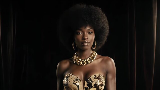 Elegant Black Woman with an Afro and Gold Jewelry