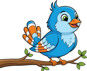 Cartoon blue bird perched on tree branch with green leaves, smiling expression and colorful feathers, vector illustration for kids, nature and wildlife content