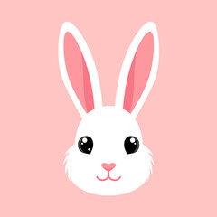 A cartoon illustration of a white bunny rabbit's face against a soft pink background.