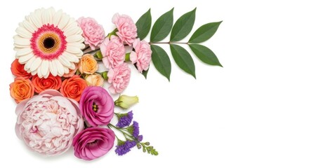 Beautiful floral arrangement with pink and orange flowers isolated on white background