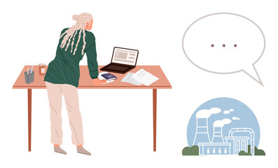 Individual reading environmental reports at a desk, with coffee, laptop, and documents. Factory emitting smoke and speech bubble imply discussions. Ideal for environment, energy, research