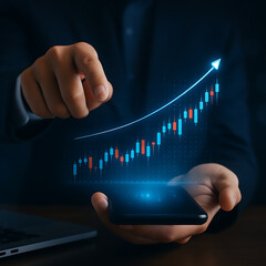 Stock market investment with glowing candlestick chart and rising arrow symbolizing financial growth economic strategy and digital trading