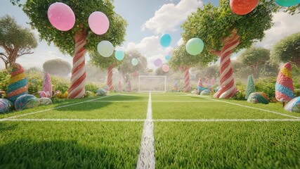 A whimsical soccer field with candy cane trees and floating balloons under a bright blue sky day time - Powered by Adobe