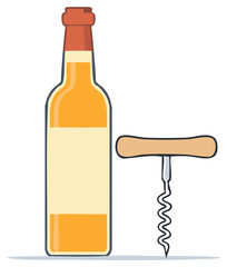 Cartoon Bottle of Liquid and Corkscrew, for Illustration or Graphic Element