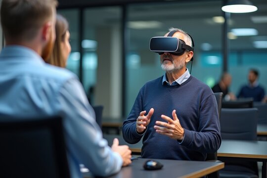 Disabled mature businessman utilizing virtual reality technology for presentation to colleagues.