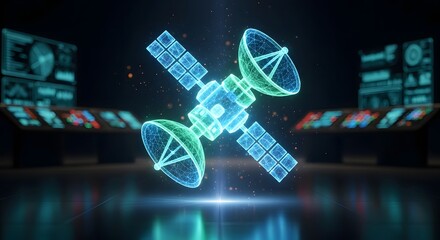 Futuristic digital satellite orbiting planet earth, advanced technology and space exploration concept art