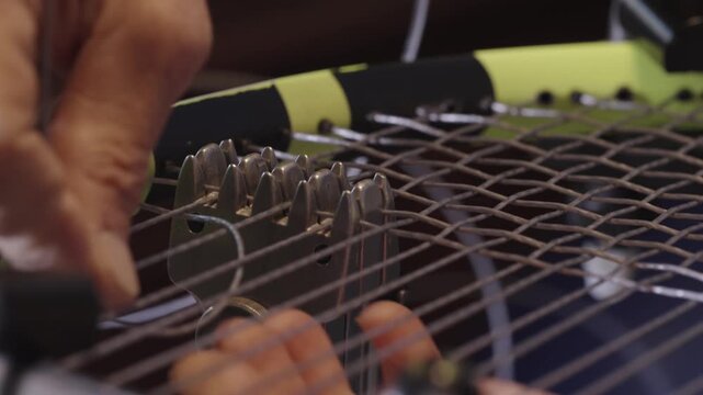 Manual stringing of a tennis racket on machine