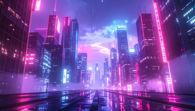 A futuristic urban cityscape glows in neon hues during twilight. High-rise buildings pierce through atmospheric fog