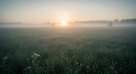 Fototapeta premium Misty Sunrise Over a Grassy Field with Soft Light.