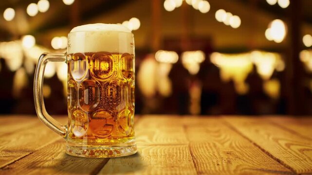 Frothy Beer Mug on Wooden Table in Festive Pub Setting.