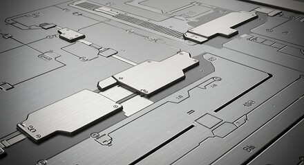 Abstract circuit board design with geometric shapes and metallic textures