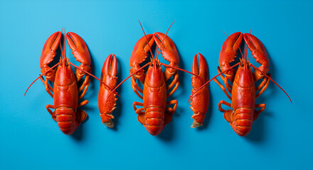 Bright Blue Backdrop Showcasing Row of Vibrant Red Lobsters Arranged Neatly