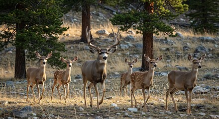 Obraz premium Majestic Mule Deer Buck with Fawns in Forest.