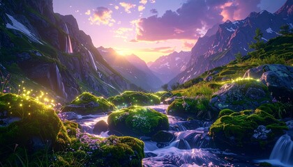 Magical mountain valley with floating luminescent rocks, radiant waterfalls, sparkling moss, twilight hues, lifelike