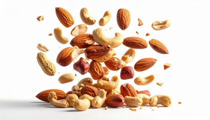 Healthy mixed nuts falling elegantly, a delicious snack with almonds, cashews, peanuts, and hazelnuts on white for a vibrant lifestyle promotion