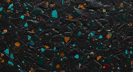 Abstract dark texture with colorful fragments and irregular shapes