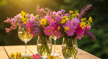 Fototapeta premium Colorful summer wildflowers in glass vases on a wooden table in natural light