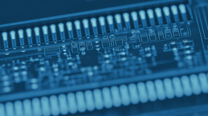 Close-Up Microchip and PCB: Cool Blue Rim Lighting, Precise Macro Detail, Cinematic Shallow Depth, Soft Bokeh Background, Hyper-Real Photomacro Style