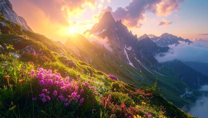 Enchanted mountain ridge with glowing crystal peaks, shimmering mist, vibrant alpine flora, ethereal dawn light, captured in vivid