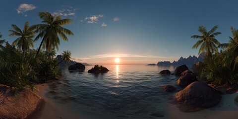 Tropical island beach sunset hdri panoramic view equirectangular environment