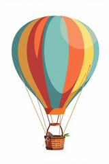Fototapeta premium A colorful hot air balloon with a wicker basket, depicted in a cartoon style against a white background.