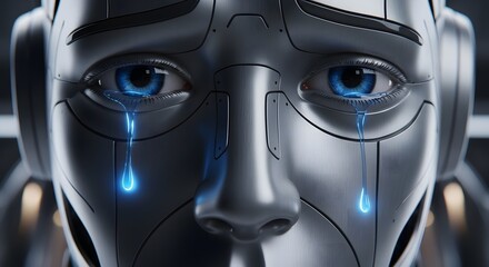 A poignant close-up of a futuristic android expressing profound sadness with glowing blue tears