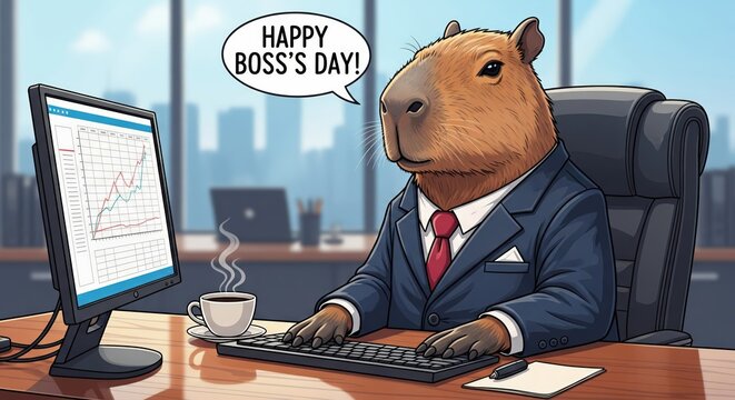 Capybara dressed in suit at office desk expressing Happy Boss's Day with charts on screen