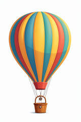 Fototapeta premium Colorful hot air balloon with stripes, basket, and ropes isolated on a white background.