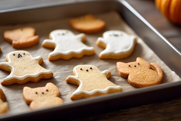 Tray of freshly baked Halloween sugar cookies shaped like ghosts and cats, decorated with icing, symbolizing festive autumn baking, fun, and seasonal celebration.