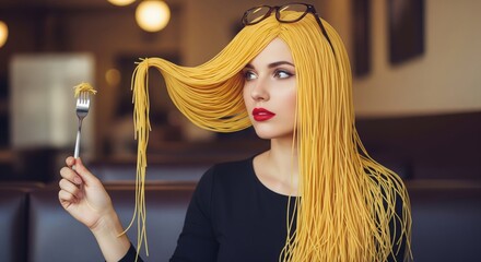 Woman with long yellow hair holding a fork in a trendy cafe while enjoying a playful moment with her pasta-inspired hairstyle