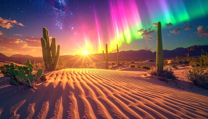 Otherworldly desert with iridescent sand dunes, glowing cacti, aurora-like sky, radiant horizon, sharp HD clarity